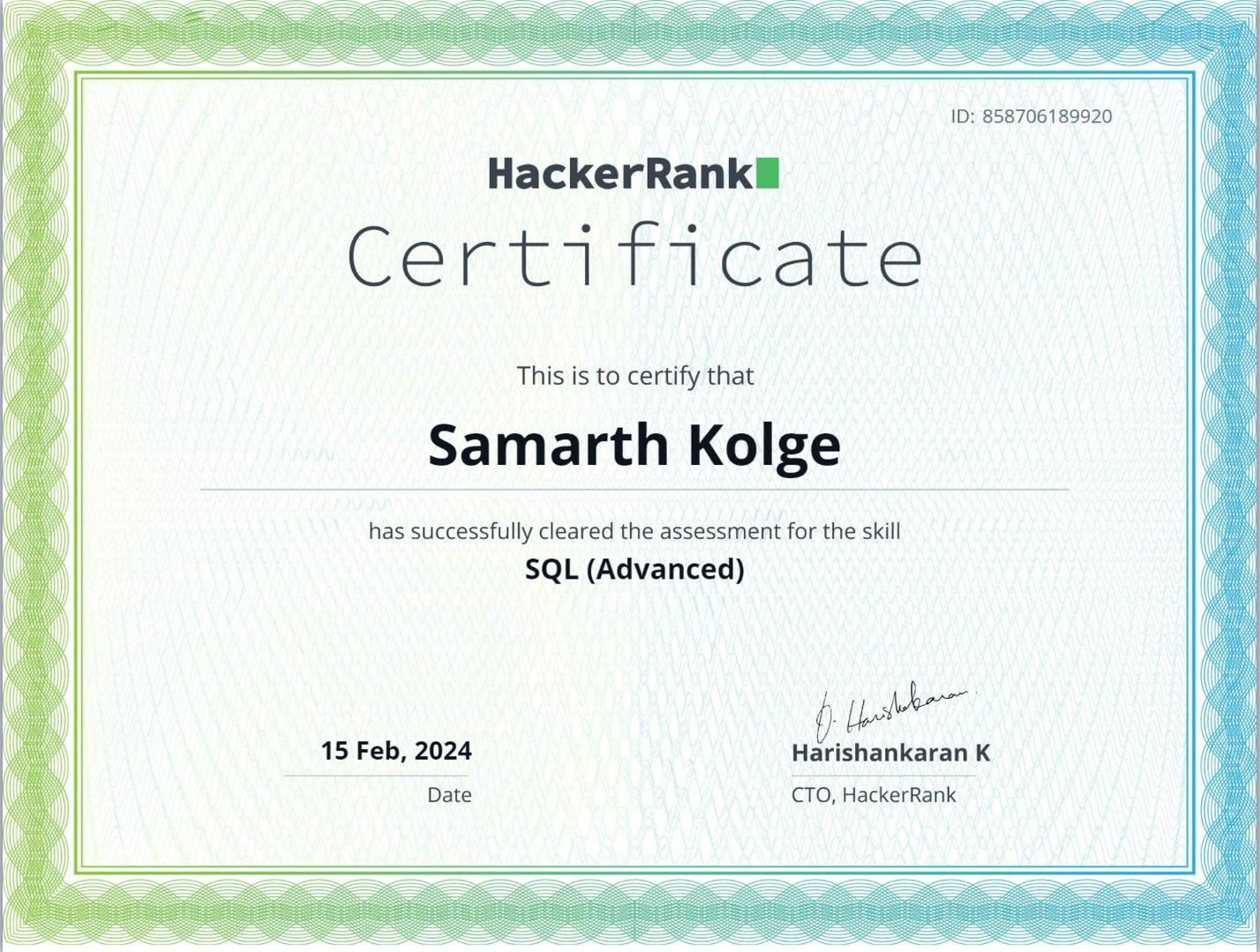 Advanced SQL Certificate